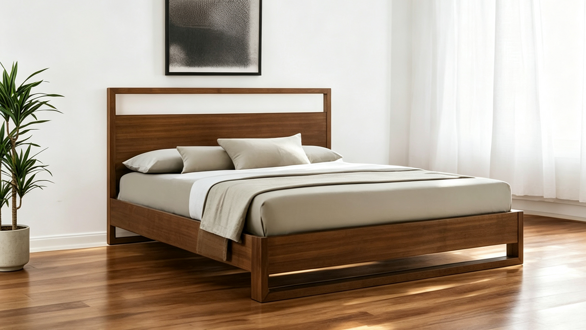 Brown Wood Queen Bed Frame with Under-Bed Storage and 13 Slats