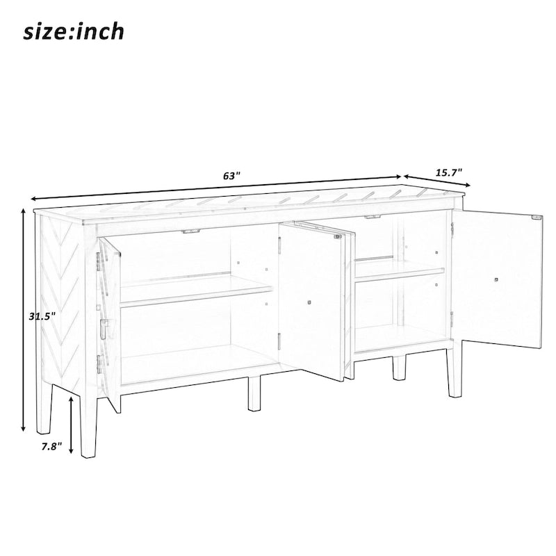 4-Door Sideboard with Geometric Doors, Vintage Metal Handles and Adjustable Shelves