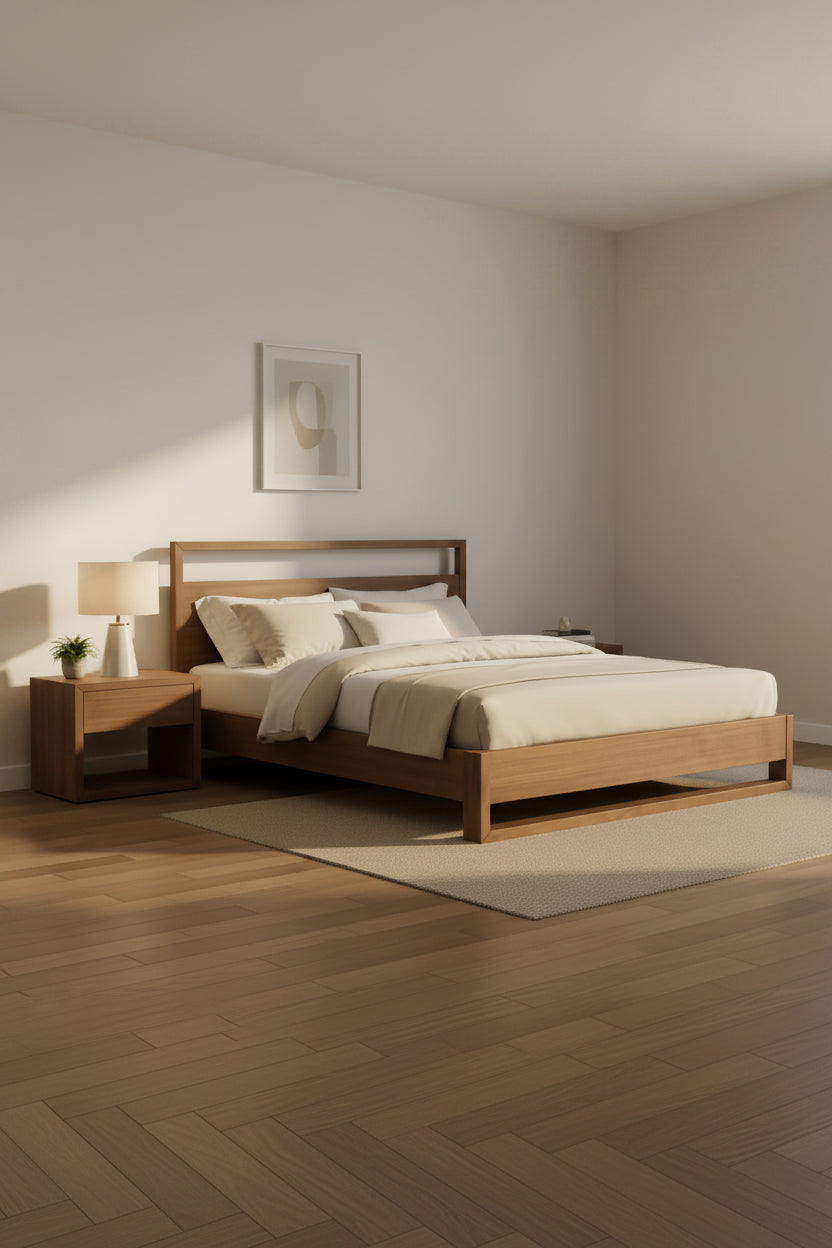 Brown Wood Queen Bed Frame with Under-Bed Storage and 13 Slats