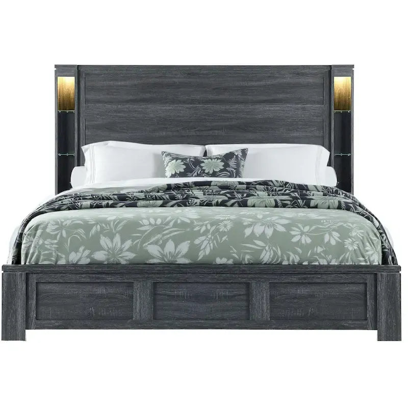 Dark Grey Distressed Wood King Bed Frame with LED Headboard Lights