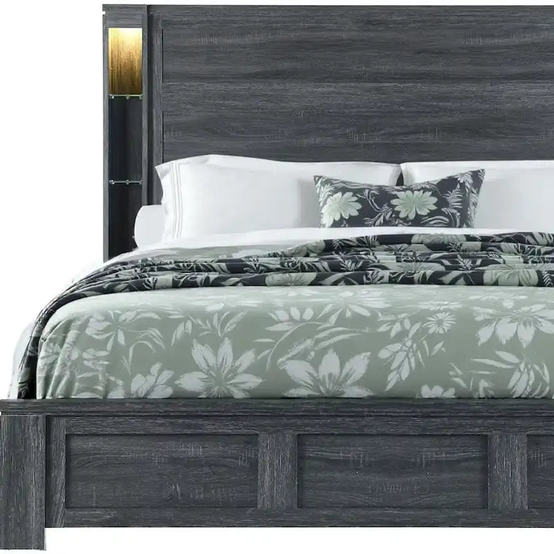 Dark Grey Distressed Wood King Bed Frame with LED Headboard Lights