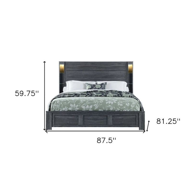 Dark Grey Distressed Wood King Bed Frame with LED Headboard Lights