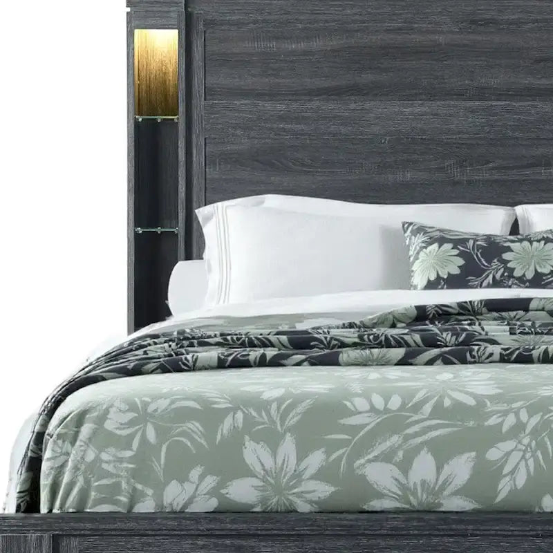Dark Grey Distressed Wood King Bed Frame with LED Headboard Lights