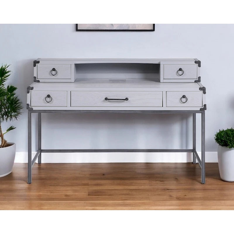 54-Inch Gray Wood Writing Desk with Five Drawers