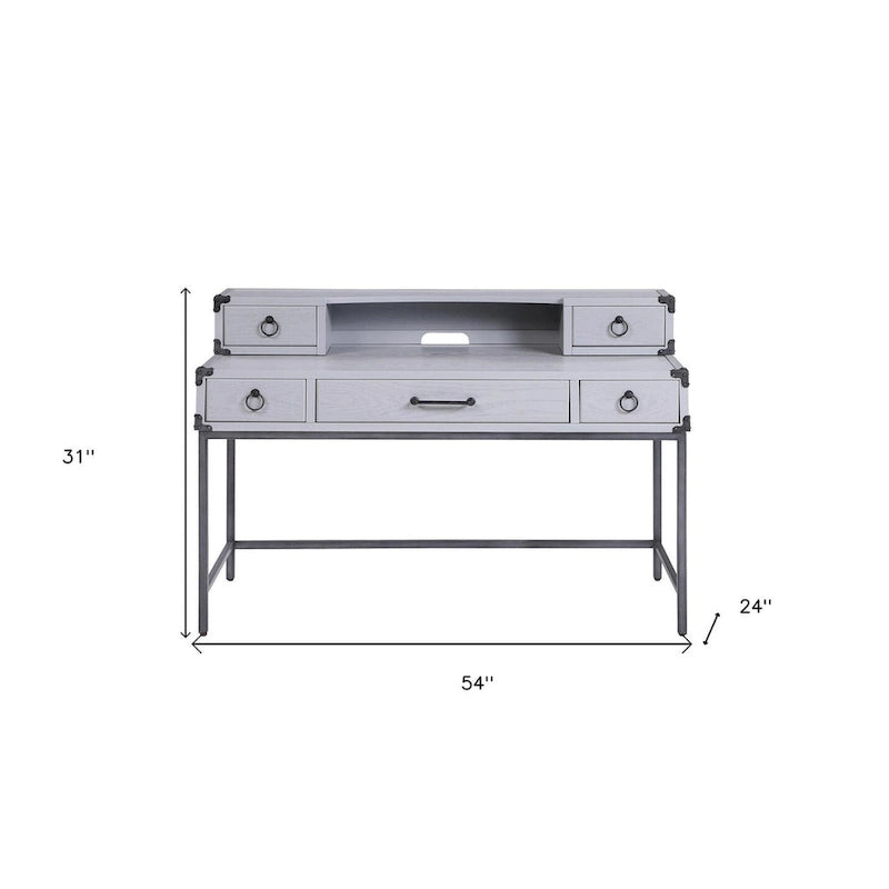 54-Inch Gray Wood Writing Desk with Five Drawers