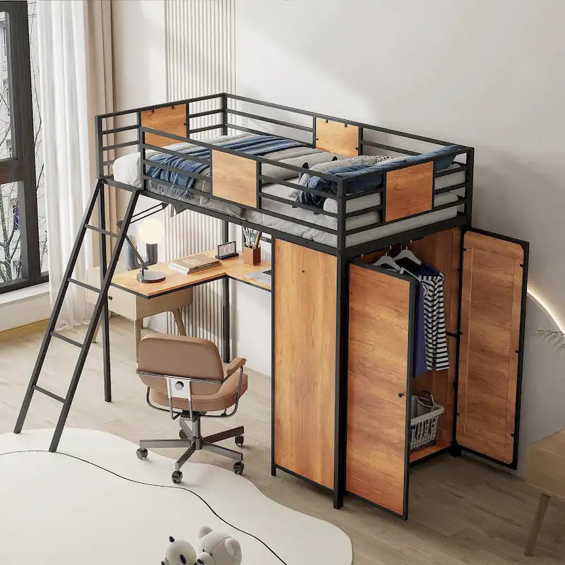 Twin Loft Bed with L-Shaped Desk, Wardrobe and Guardrail