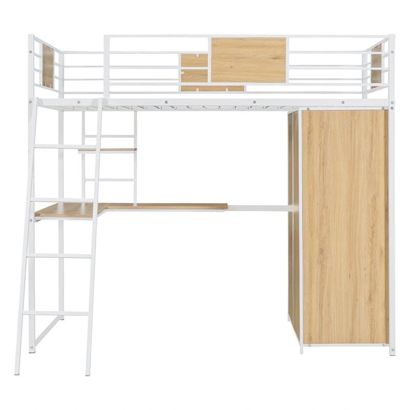 Twin Loft Bed with L-Shaped Desk, Wardrobe and Guardrail