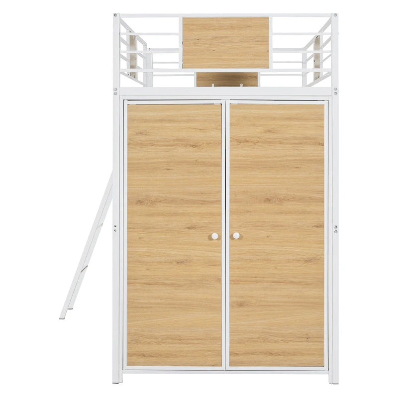 Twin Loft Bed with L-Shaped Desk, Wardrobe and Guardrail