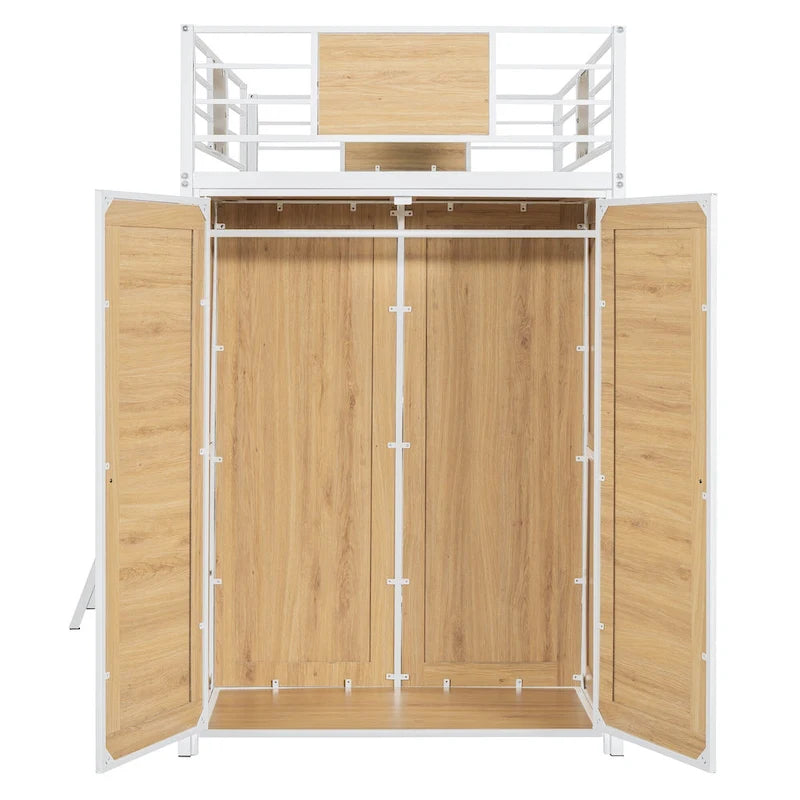 Twin Loft Bed with L-Shaped Desk, Wardrobe and Guardrail
