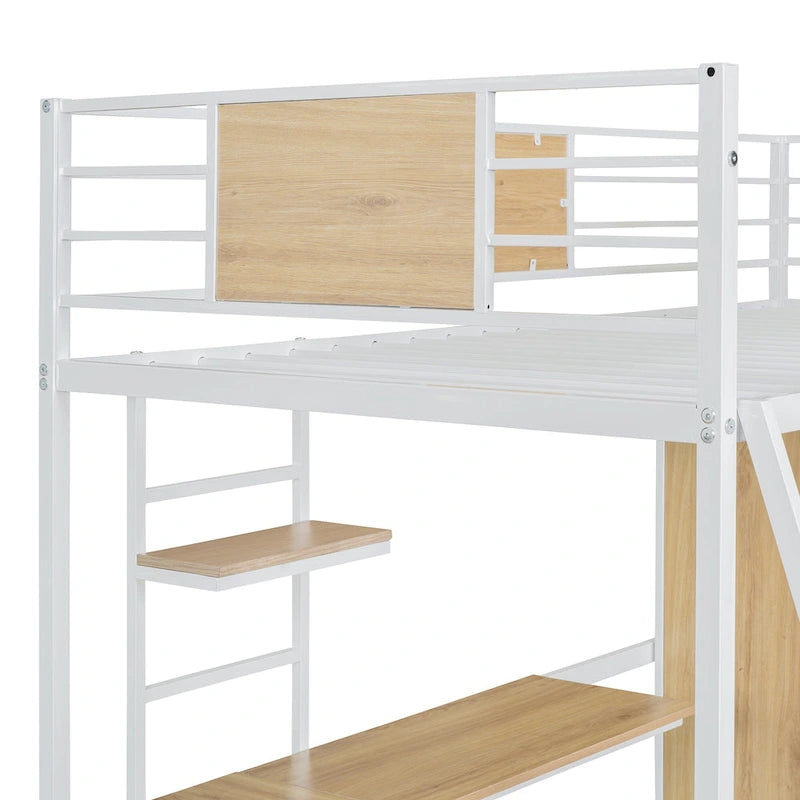 Twin Loft Bed with L-Shaped Desk, Wardrobe and Guardrail