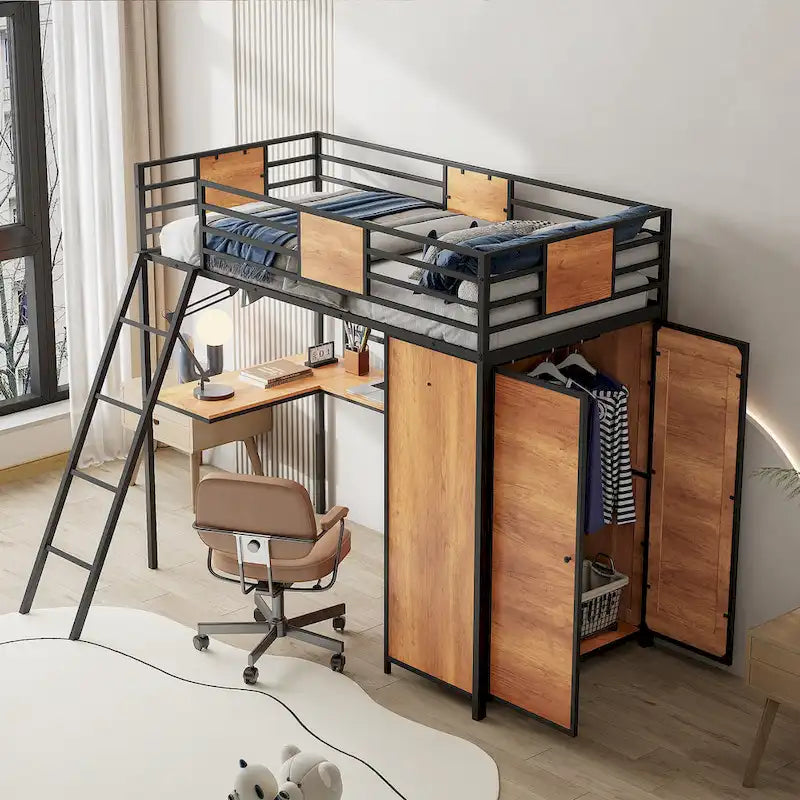 Twin Loft Bed with L-Shaped Desk, Wardrobe and Guardrail