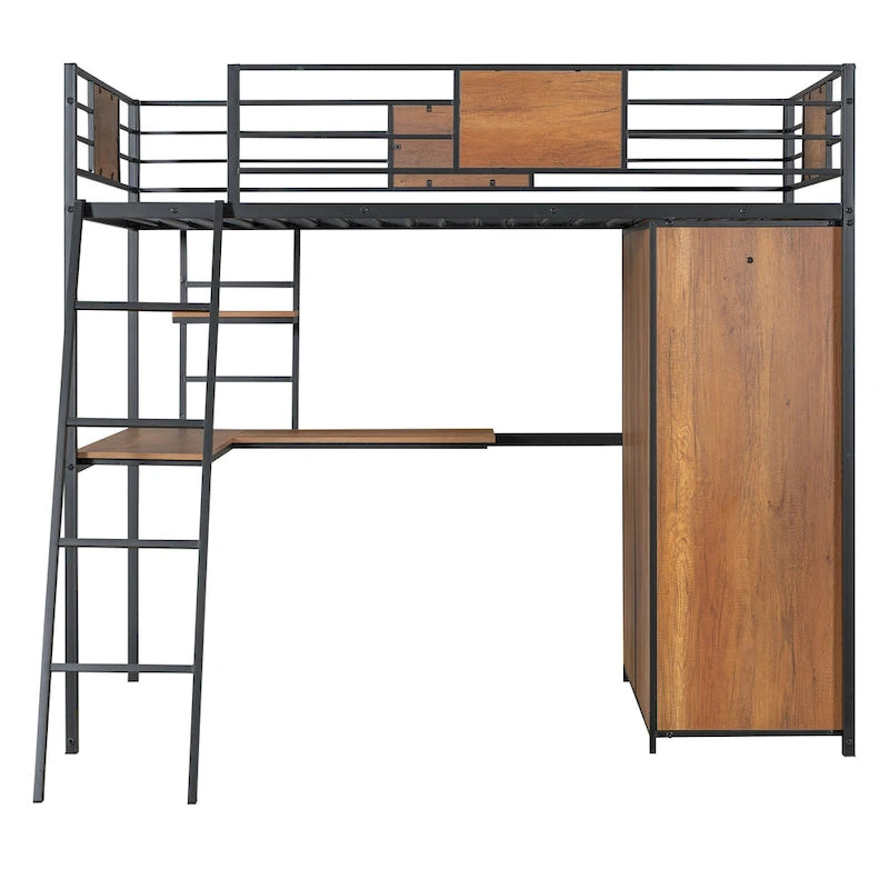 Twin Loft Bed with L-Shaped Desk, Wardrobe and Guardrail