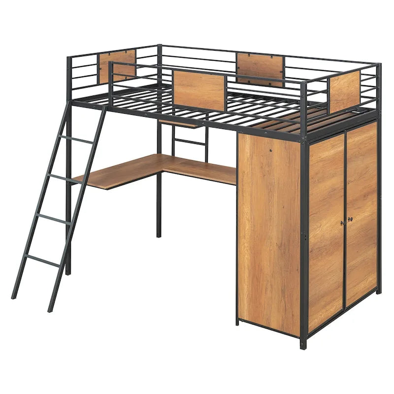 Twin Loft Bed with L-Shaped Desk, Wardrobe and Guardrail