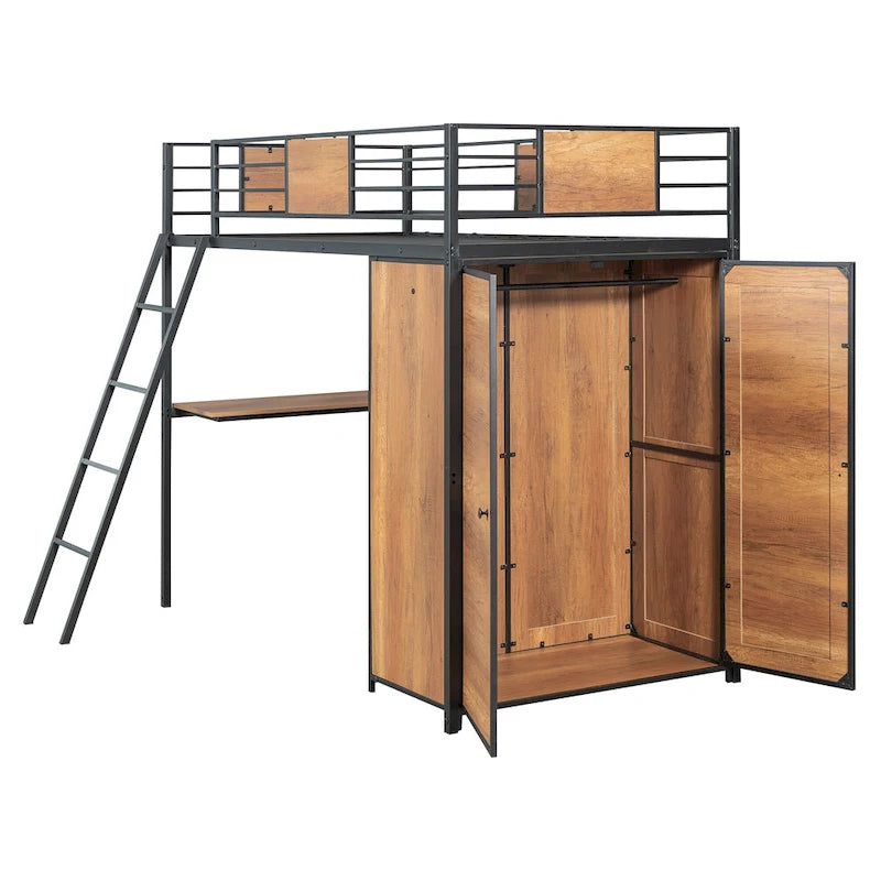 Twin Loft Bed with L-Shaped Desk, Wardrobe and Guardrail