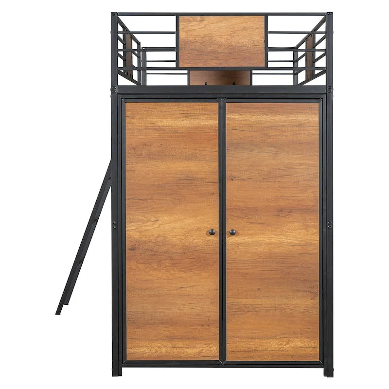 Twin Loft Bed with L-Shaped Desk, Wardrobe and Guardrail