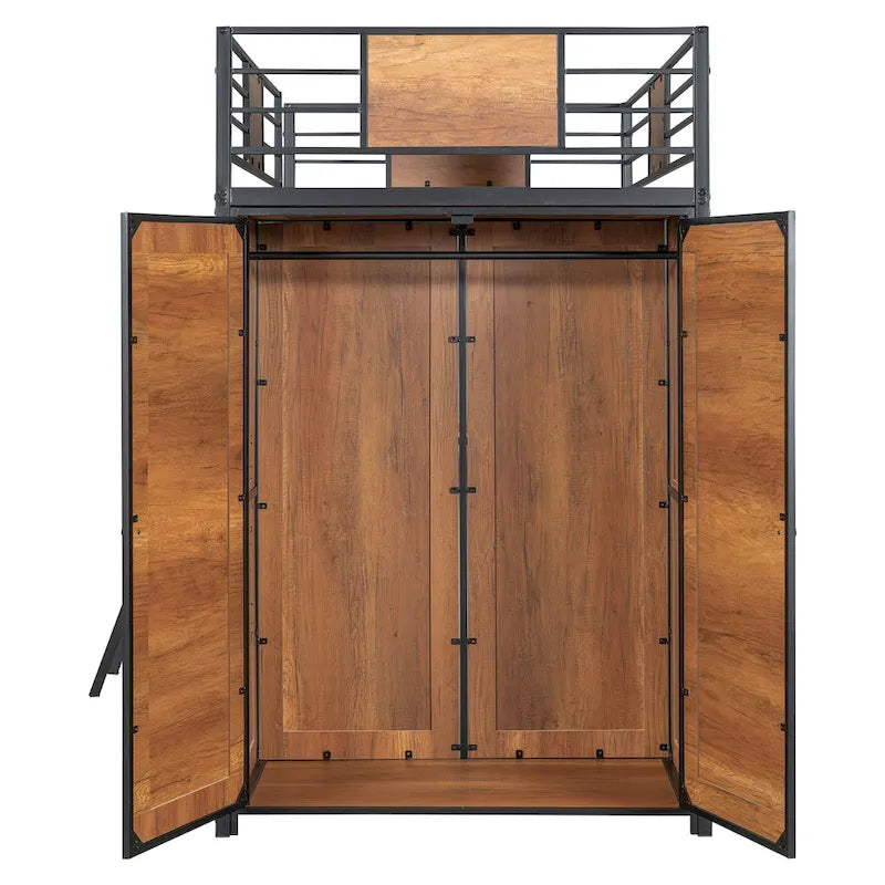 Twin Loft Bed with L-Shaped Desk, Wardrobe and Guardrail