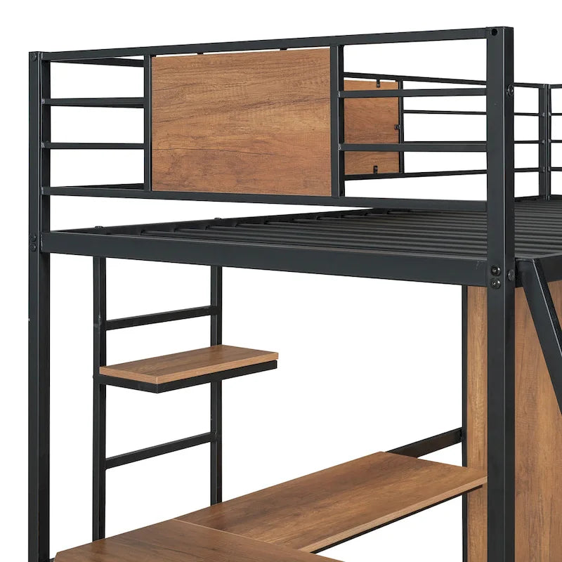 Twin Loft Bed with L-Shaped Desk, Wardrobe and Guardrail