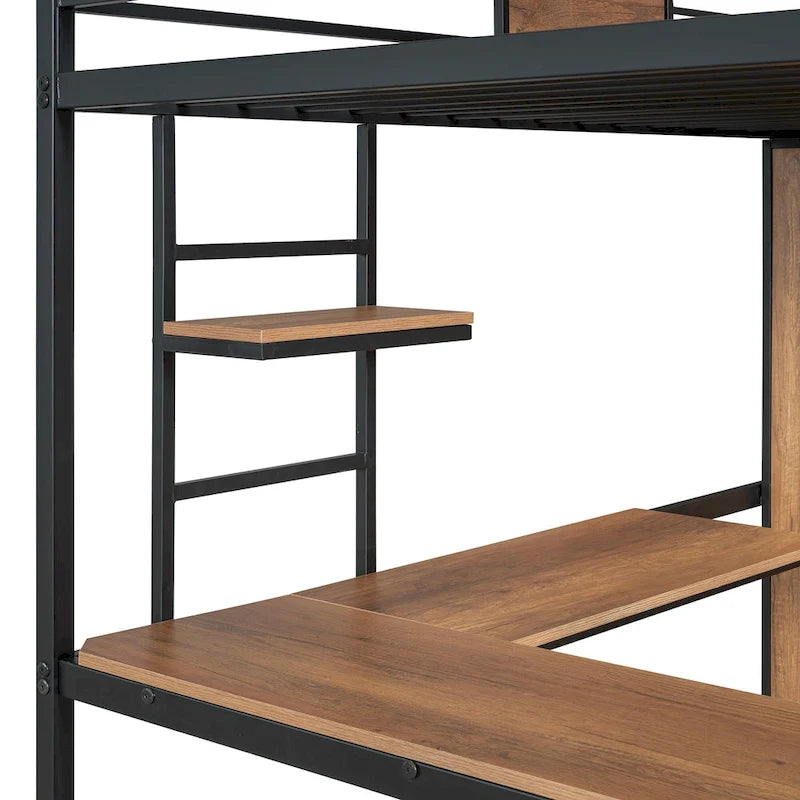 Twin Loft Bed with L-Shaped Desk, Wardrobe and Guardrail