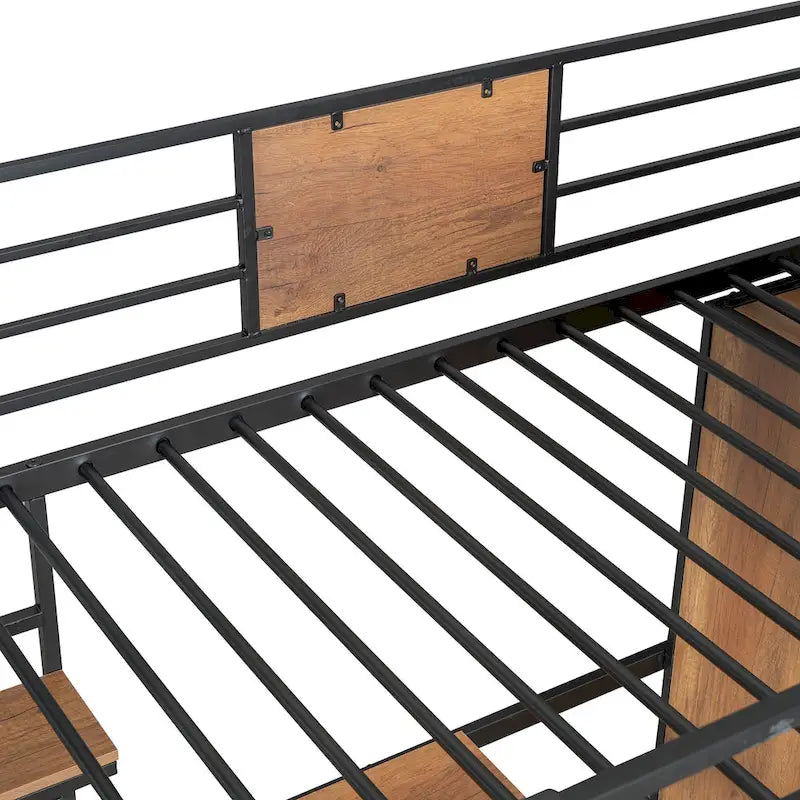 Twin Loft Bed with L-Shaped Desk, Wardrobe and Guardrail