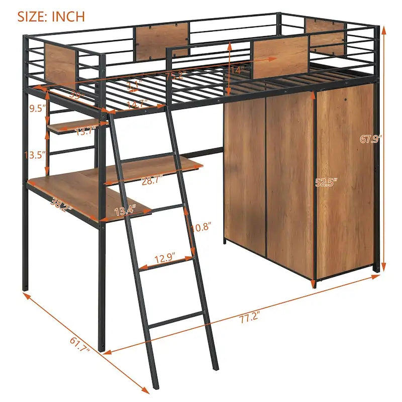 Twin Loft Bed with L-Shaped Desk, Wardrobe and Guardrail