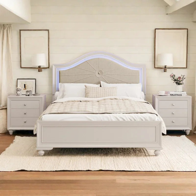 Queen Platform Bed with LED Headboard and Curved Linen Upholstery, 550 lb Capacity