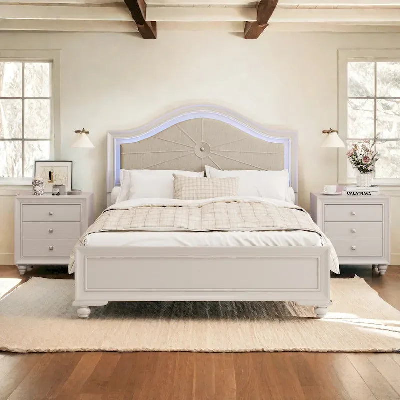 Queen Platform Bed with LED Headboard and Curved Linen Upholstery, 550 lb Capacity