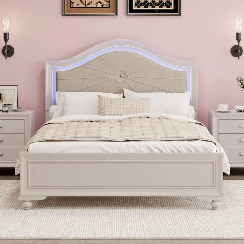 Queen Platform Bed with LED Headboard and Curved Linen Upholstery, 550 lb Capacity
