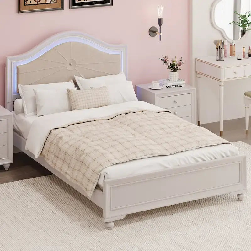 Queen Platform Bed with LED Headboard and Curved Linen Upholstery, 550 lb Capacity