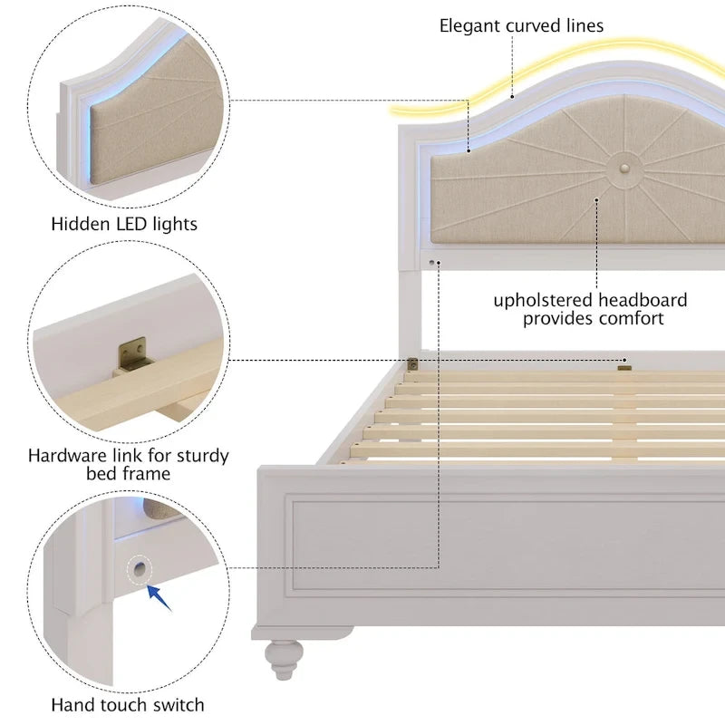 Queen Platform Bed with LED Headboard and Curved Linen Upholstery, 550 lb Capacity