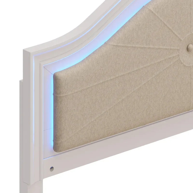 Queen Platform Bed with LED Headboard and Curved Linen Upholstery, 550 lb Capacity