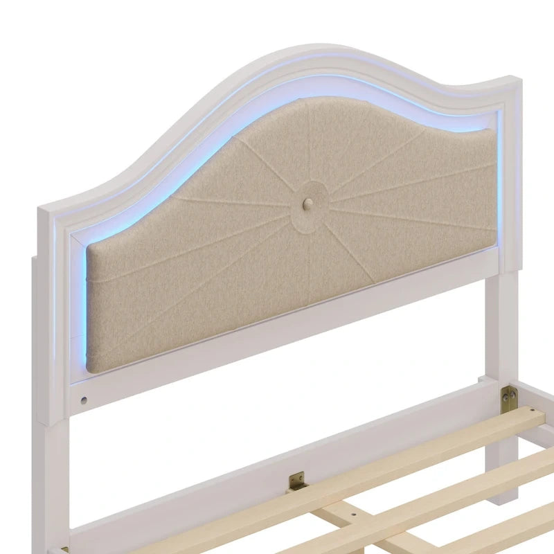 Queen Platform Bed with LED Headboard and Curved Linen Upholstery, 550 lb Capacity