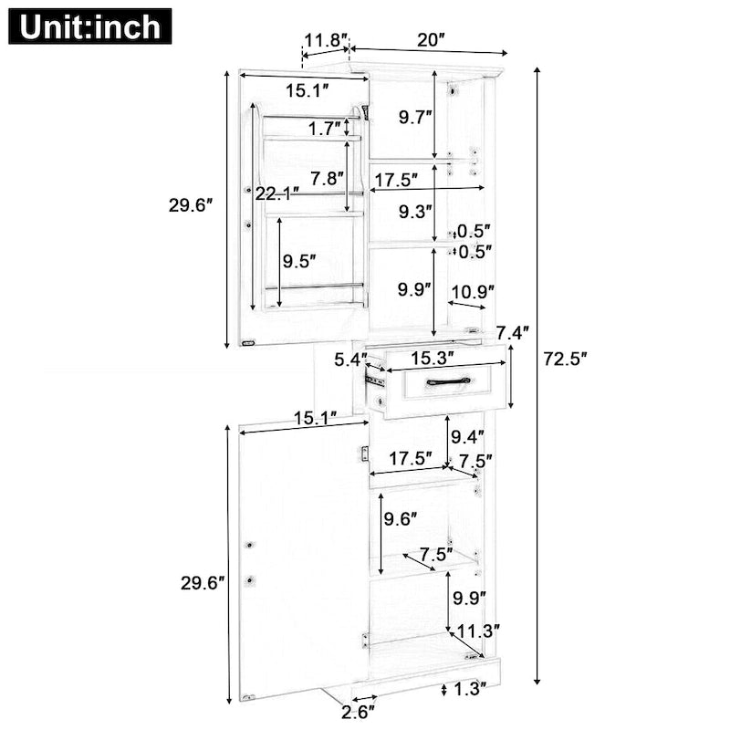 Tall Freestanding Bathroom Storage Cabinet with Two Doors and Adjustable Shelves