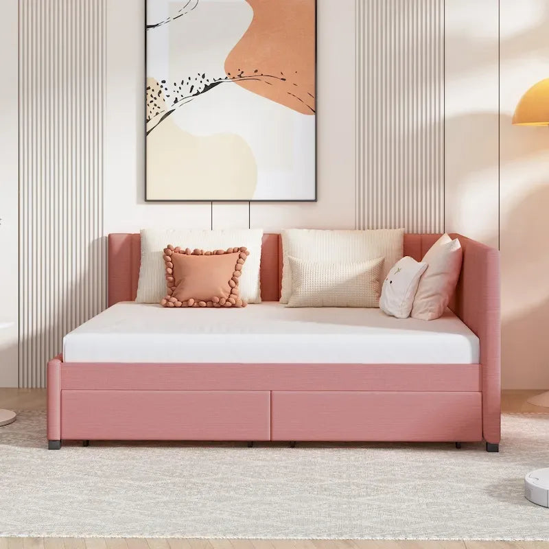Full Size Upholstered Daybed with 2 Storage Drawers and Wood Slats, Linen Fabric