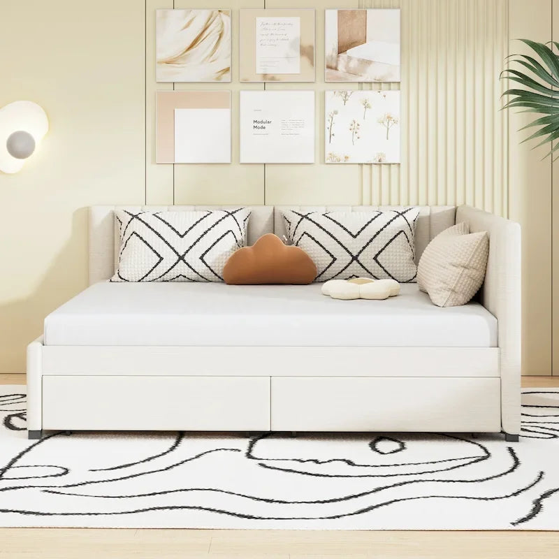 Full Size Upholstered Daybed with 2 Storage Drawers and Wood Slats, Linen Fabric
