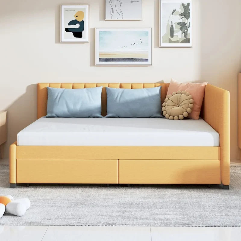 Full Size Upholstered Daybed with 2 Storage Drawers and Wood Slats, Linen Fabric
