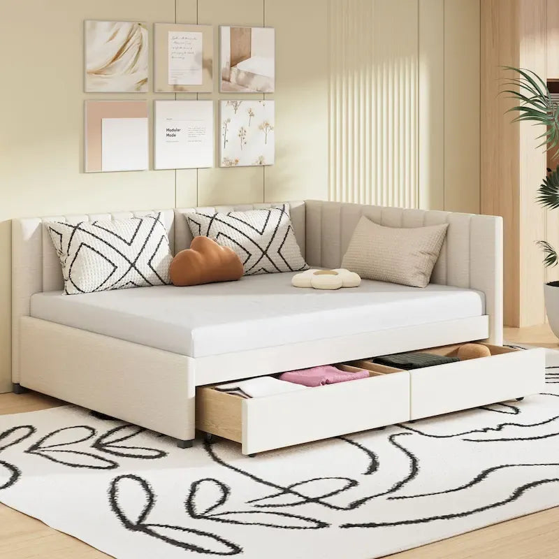 Full Size Upholstered Daybed with 2 Storage Drawers and Wood Slats, Linen Fabric