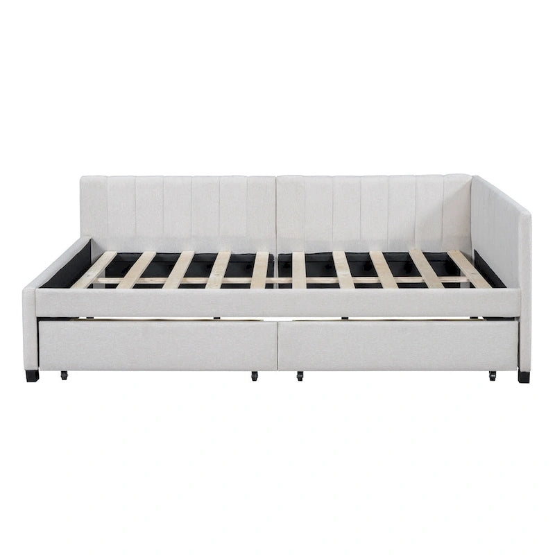 Full Size Upholstered Daybed with 2 Storage Drawers and Wood Slats, Linen Fabric