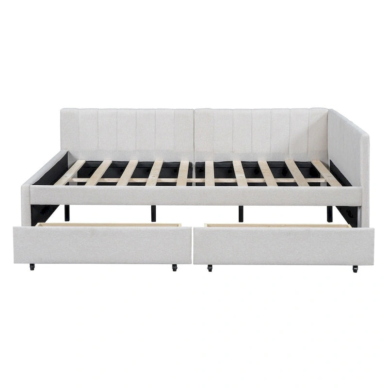 Full Size Upholstered Daybed with 2 Storage Drawers and Wood Slats, Linen Fabric
