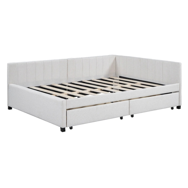 Full Size Upholstered Daybed with 2 Storage Drawers and Wood Slats, Linen Fabric