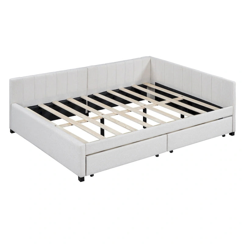 Full Size Upholstered Daybed with 2 Storage Drawers and Wood Slats, Linen Fabric