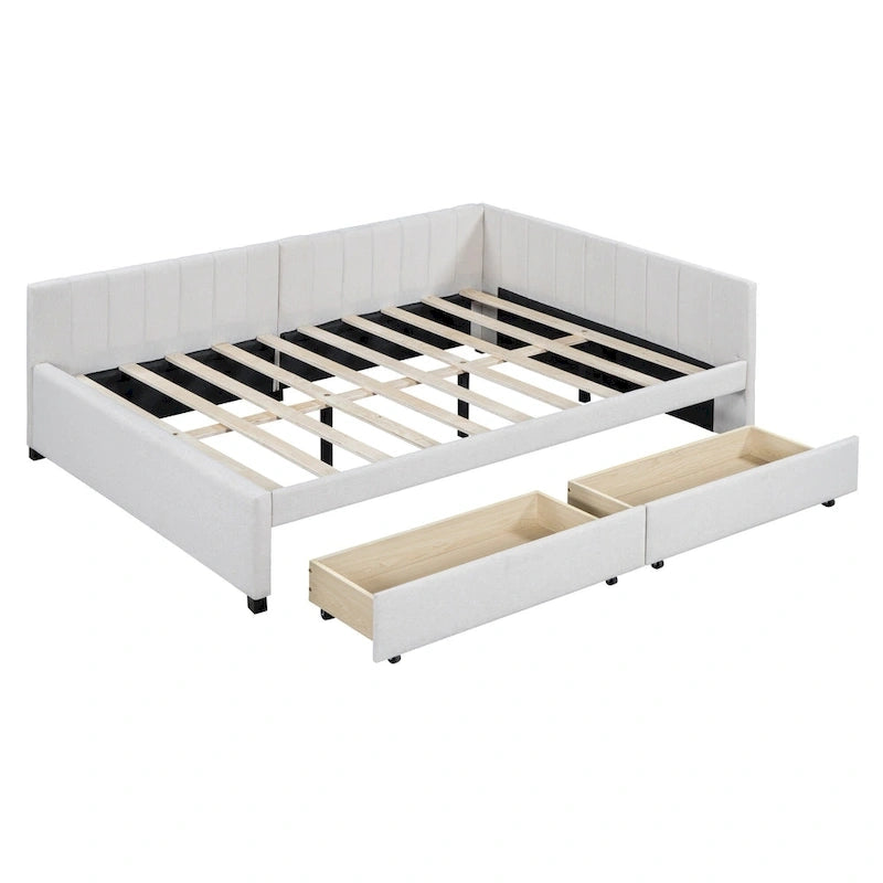 Full Size Upholstered Daybed with 2 Storage Drawers and Wood Slats, Linen Fabric