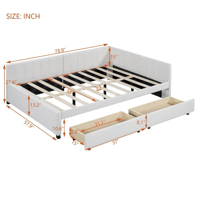 Full Size Upholstered Daybed with 2 Storage Drawers and Wood Slats, Linen Fabric