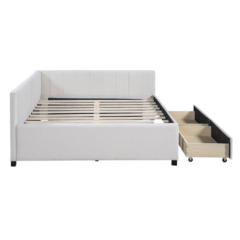 Full Size Upholstered Daybed with 2 Storage Drawers and Wood Slats, Linen Fabric