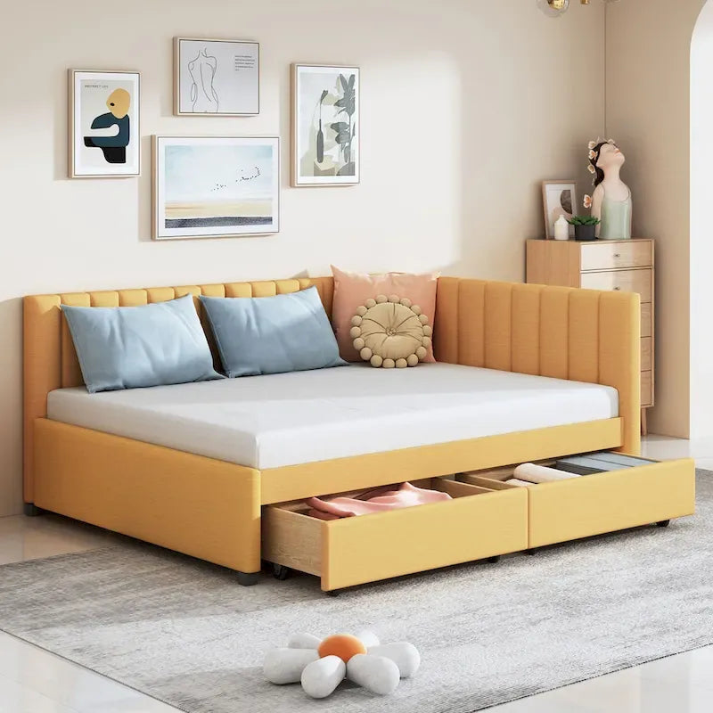 Full Size Upholstered Daybed with 2 Storage Drawers and Wood Slats, Linen Fabric