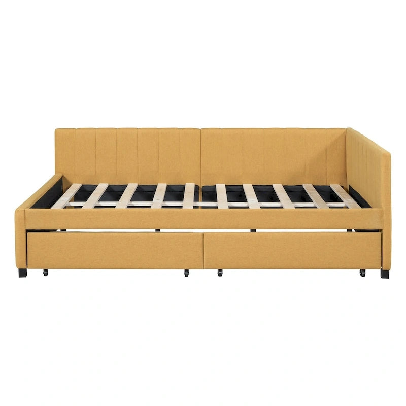 Full Size Upholstered Daybed with 2 Storage Drawers and Wood Slats, Linen Fabric