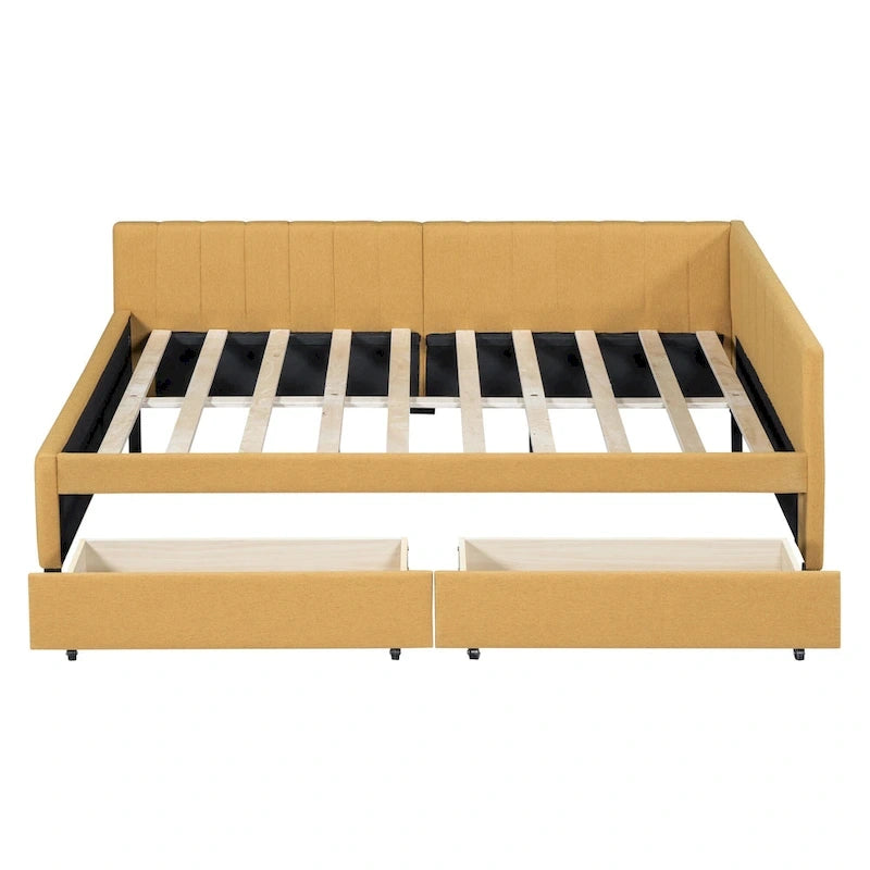 Full Size Upholstered Daybed with 2 Storage Drawers and Wood Slats, Linen Fabric