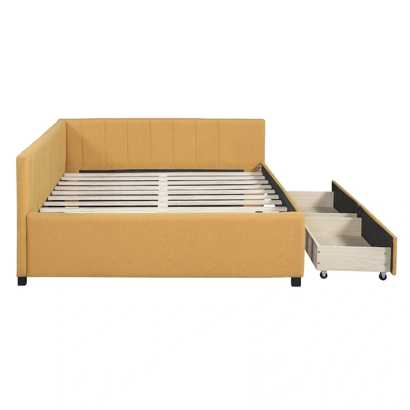 Full Size Upholstered Daybed with 2 Storage Drawers and Wood Slats, Linen Fabric
