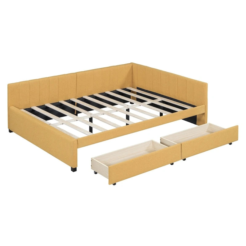 Full Size Upholstered Daybed with 2 Storage Drawers and Wood Slats, Linen Fabric