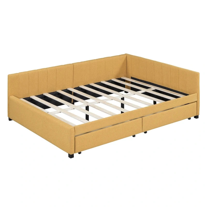 Full Size Upholstered Daybed with 2 Storage Drawers and Wood Slats, Linen Fabric