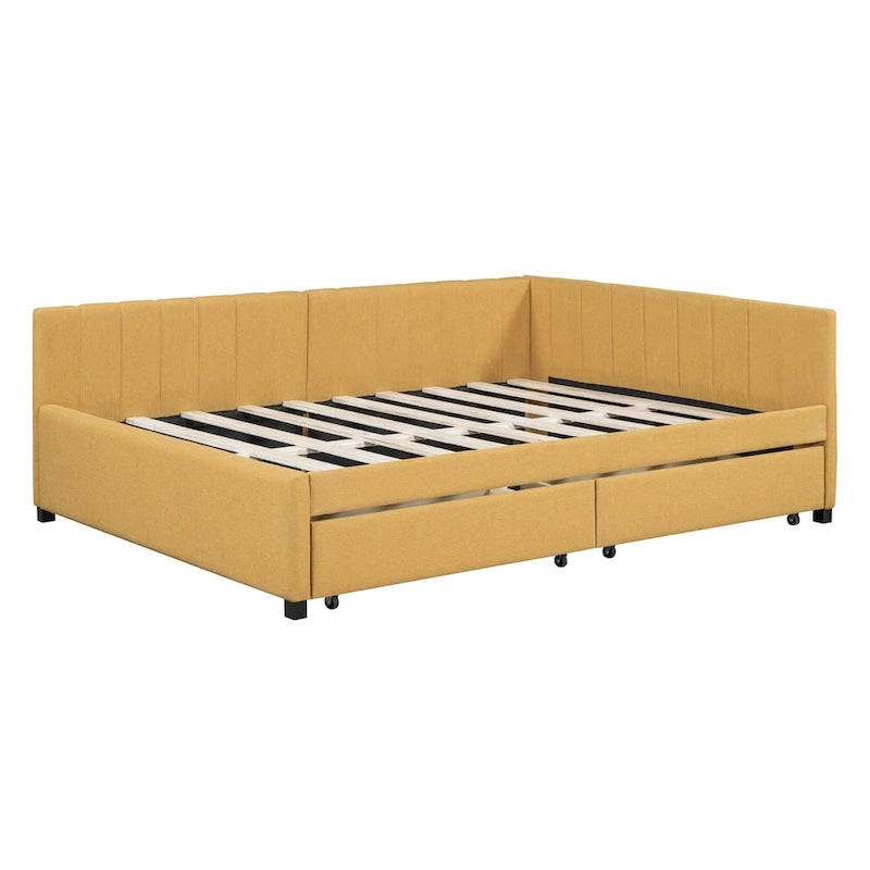 Full Size Upholstered Daybed with 2 Storage Drawers and Wood Slats, Linen Fabric